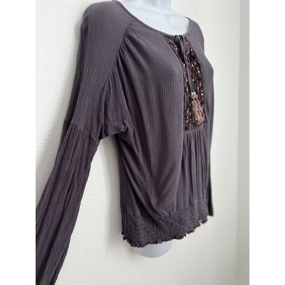 Knox Rose Women’s Gray Embroidered Crepe Wrinkled Long Sleeve Blouse Boh… - Picture 3 of 4